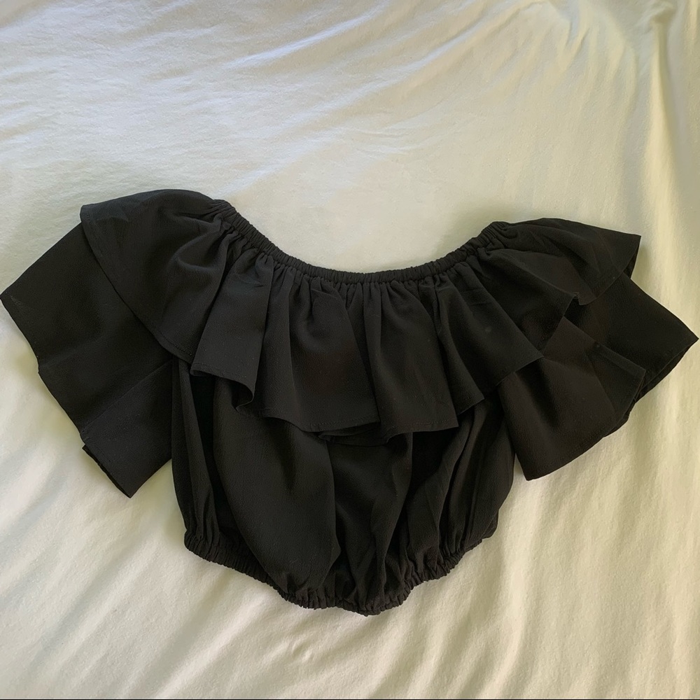She + Sky Black off the Shoulder Ruffle Top